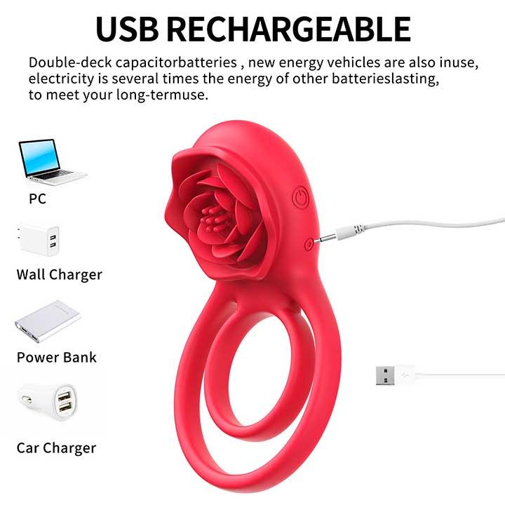 Подвійне ерекційне кільце з вібрацією "Hgod Rose" USB - Червоний - Зображення 6